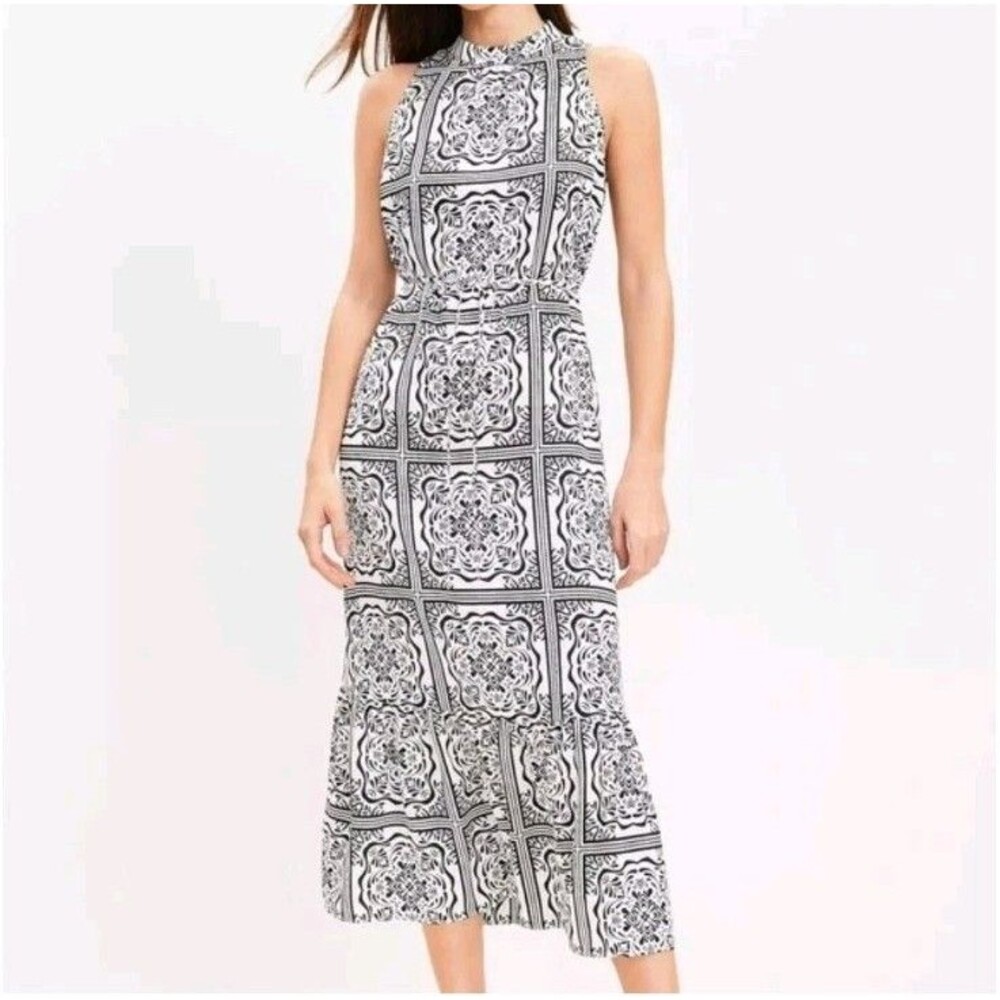 LOFT Black/White Floral Mosaic Summer Maxi Dress Size XS Modest